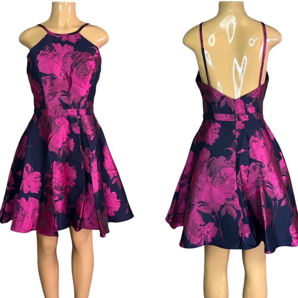 Xscape Fit and Flare Floral Brocade Dress High Neck Sleeveless Blue Pink Size 10